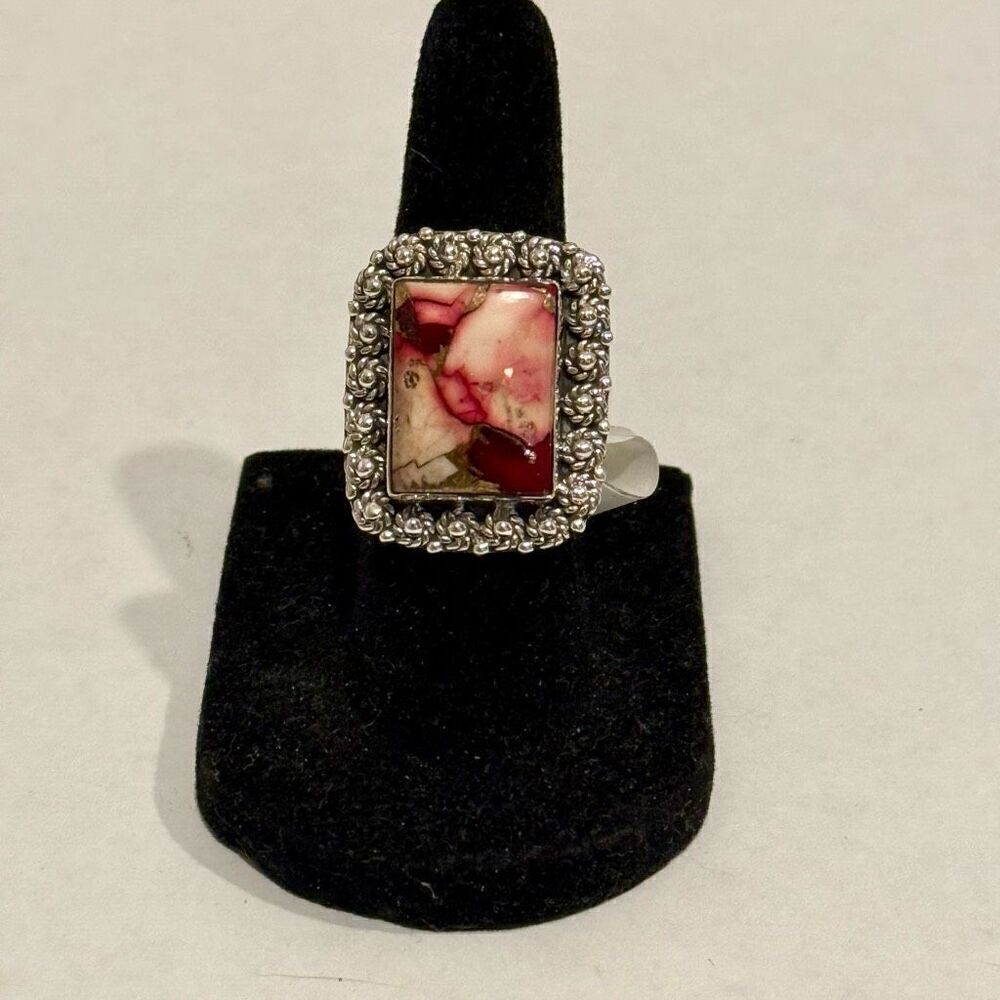 Southwestern Pink Rose Dahlia Turquoise Rectangle Floral Ring Sterling Silver
